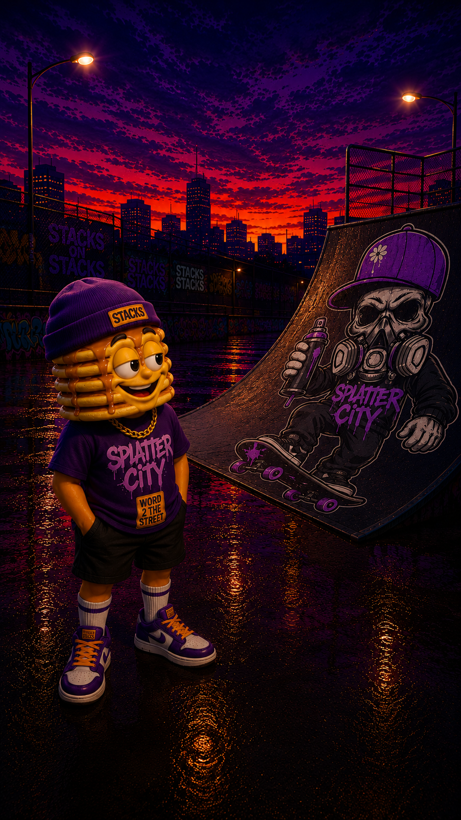 Splatter City™ Skate Mascot Tee – Purple Drip Edition