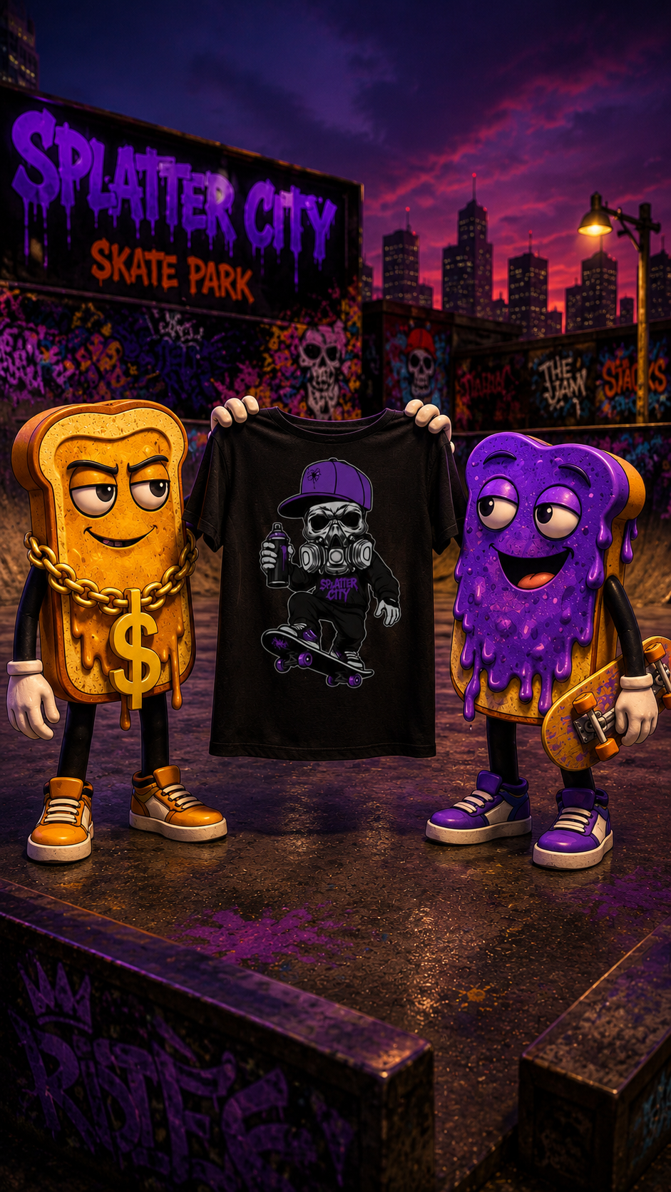 Splatter City™ Skate Mascot Tee – Purple Drip Edition