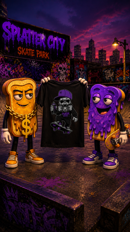 Splatter City™ Skate Mascot Tee – Purple Drip Edition